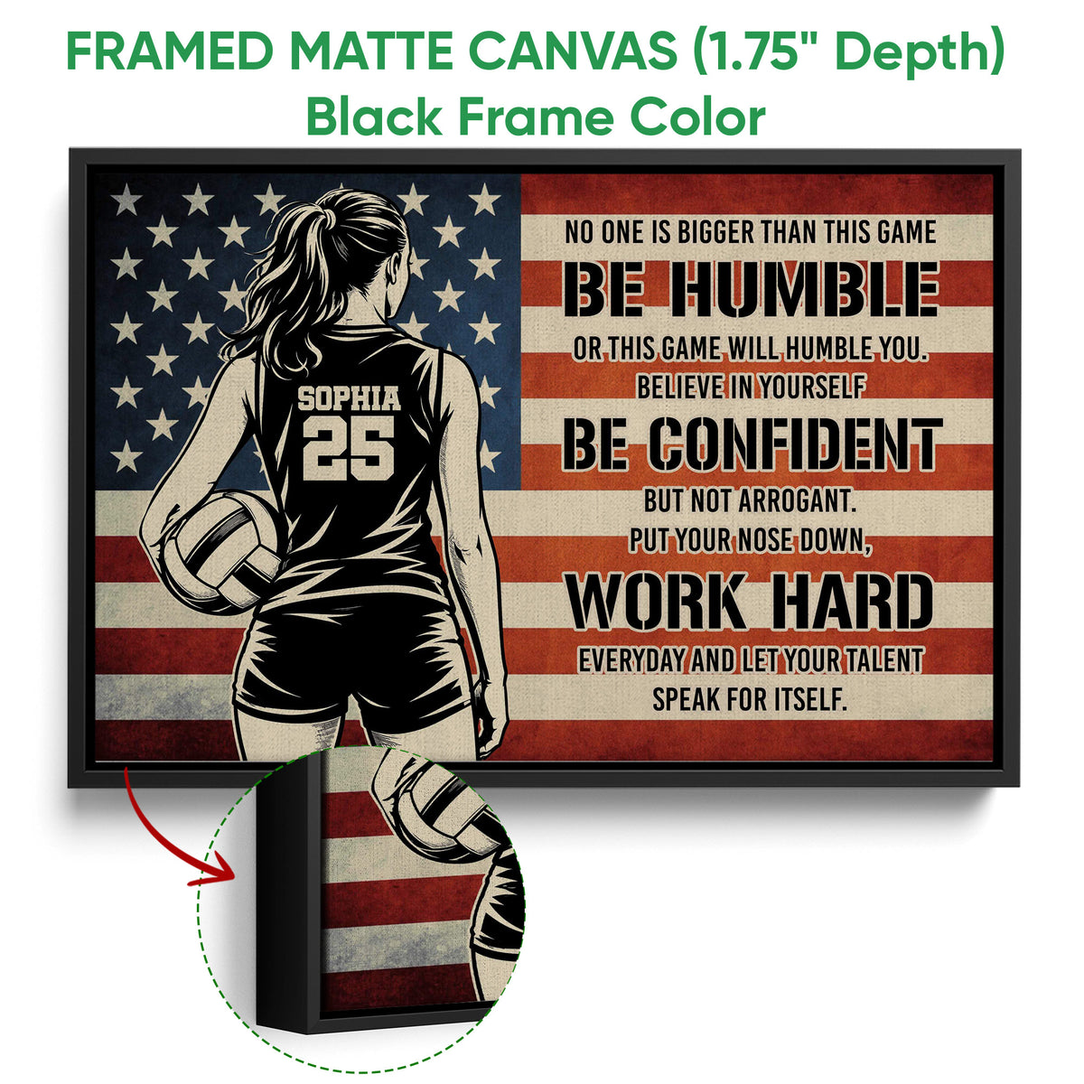Black framed canvas volleyball wall art with a patriotic background and motivational sports message