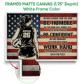 White framed canvas volleyball wall art with a female player, volleyball, stars, and red stripes