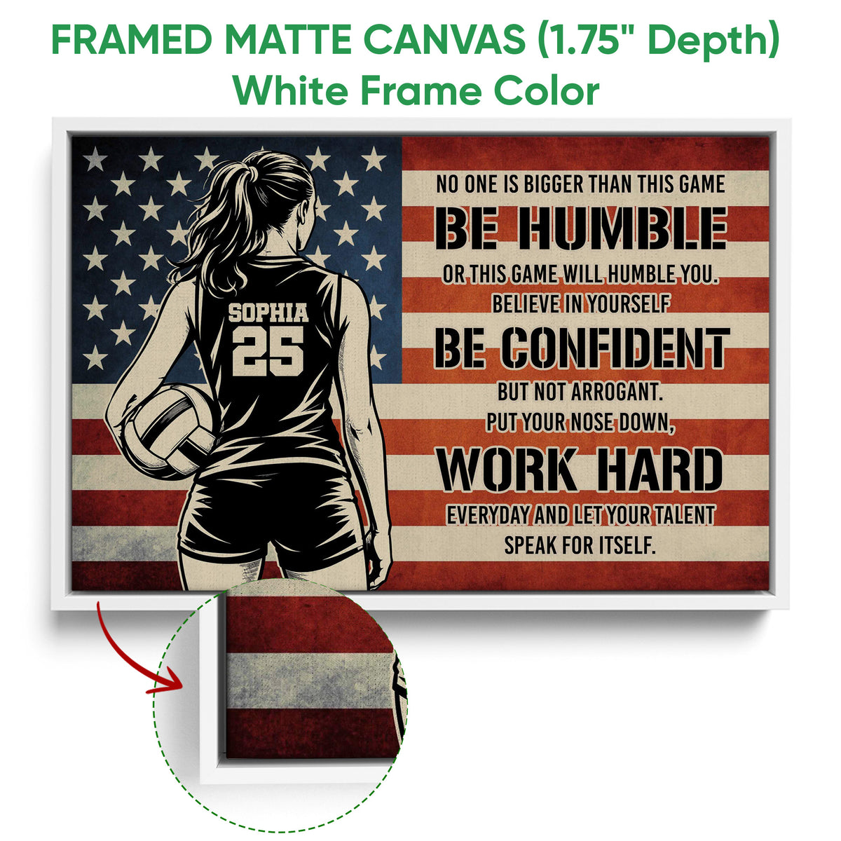 White framed canvas volleyball wall art with a female player, volleyball, stars, and red stripes