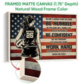 Natural wood framed volleyball wall art featuring a female player and patriotic motivational artwork