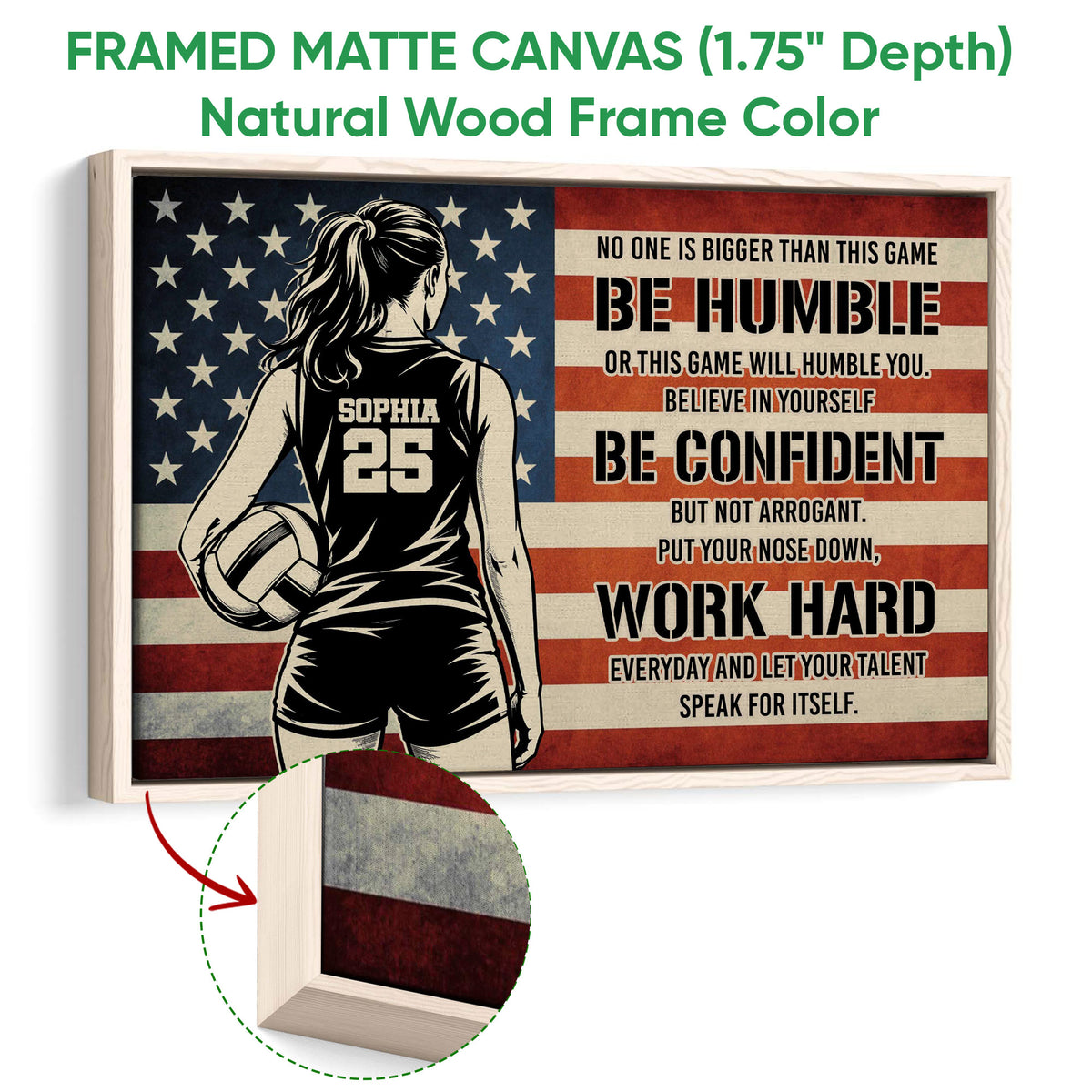 Natural wood framed volleyball wall art featuring a female player and patriotic motivational artwork