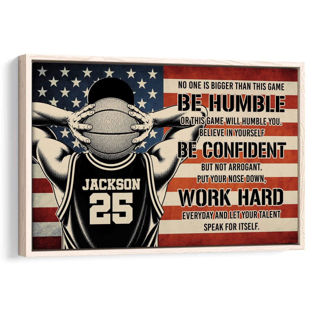 Framed basketball wall art featuring a player holding a ball against a red, white, and blue flag backdrop