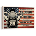 Framed basketball wall art featuring a player holding a ball against a red, white, and blue flag backdrop