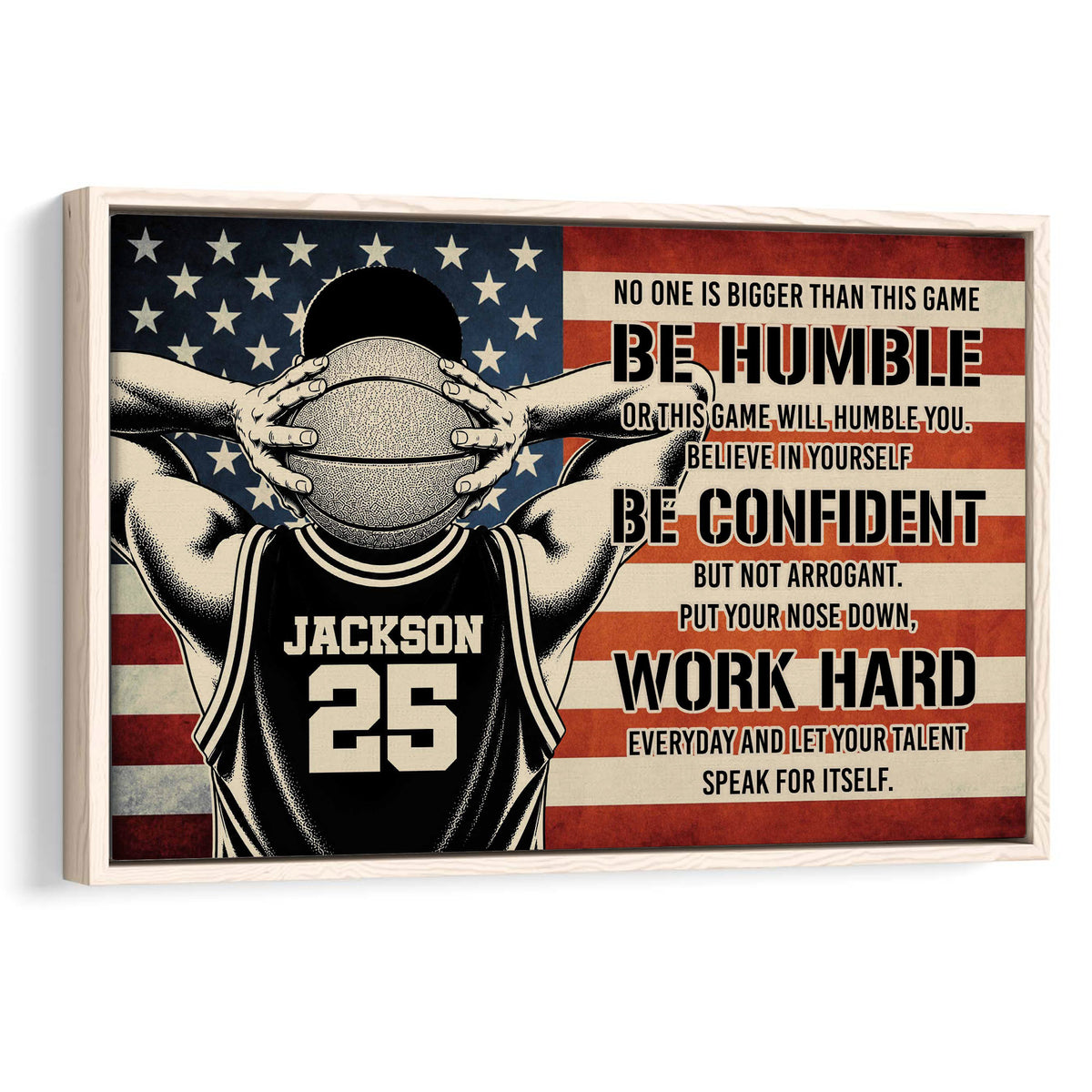 Framed basketball wall art featuring a player holding a ball against a red, white, and blue flag backdrop