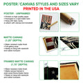 Basketball wall art format guide showing unframed poster, matte canvas, and framed canvas options