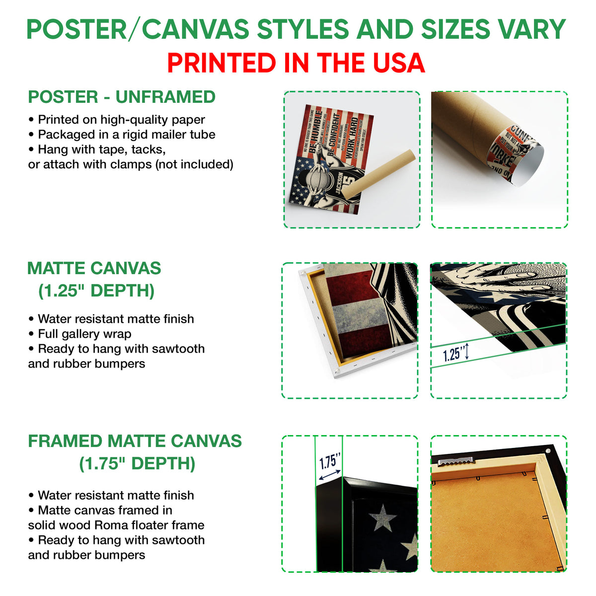 Basketball wall art format guide showing unframed poster, matte canvas, and framed canvas options