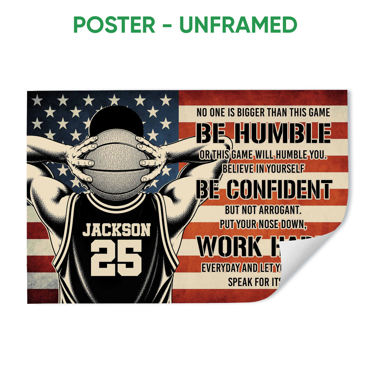 Unframed basketball poster featuring a player holding a ball with motivational sports artwork