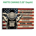 Matte canvas basketball wall art showing a player, basketball, flag backdrop, and motivational design
