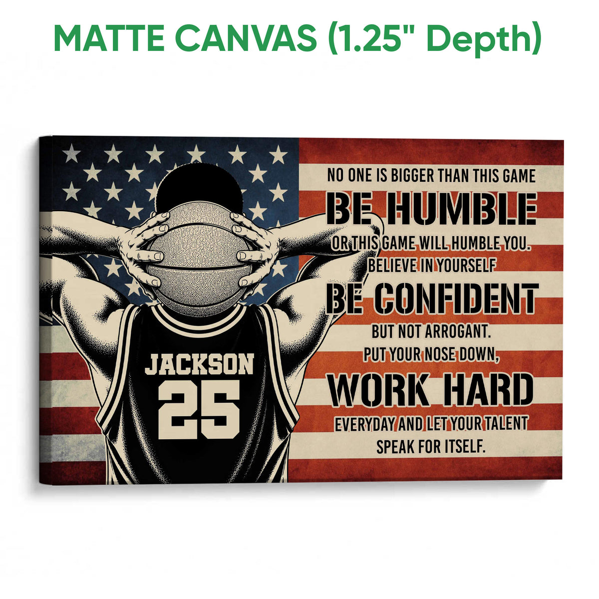 Matte canvas basketball wall art showing a player, basketball, flag backdrop, and motivational design
