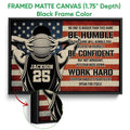 Framed matte canvas basketball wall art shown with a black frame and detailed artwork close-up