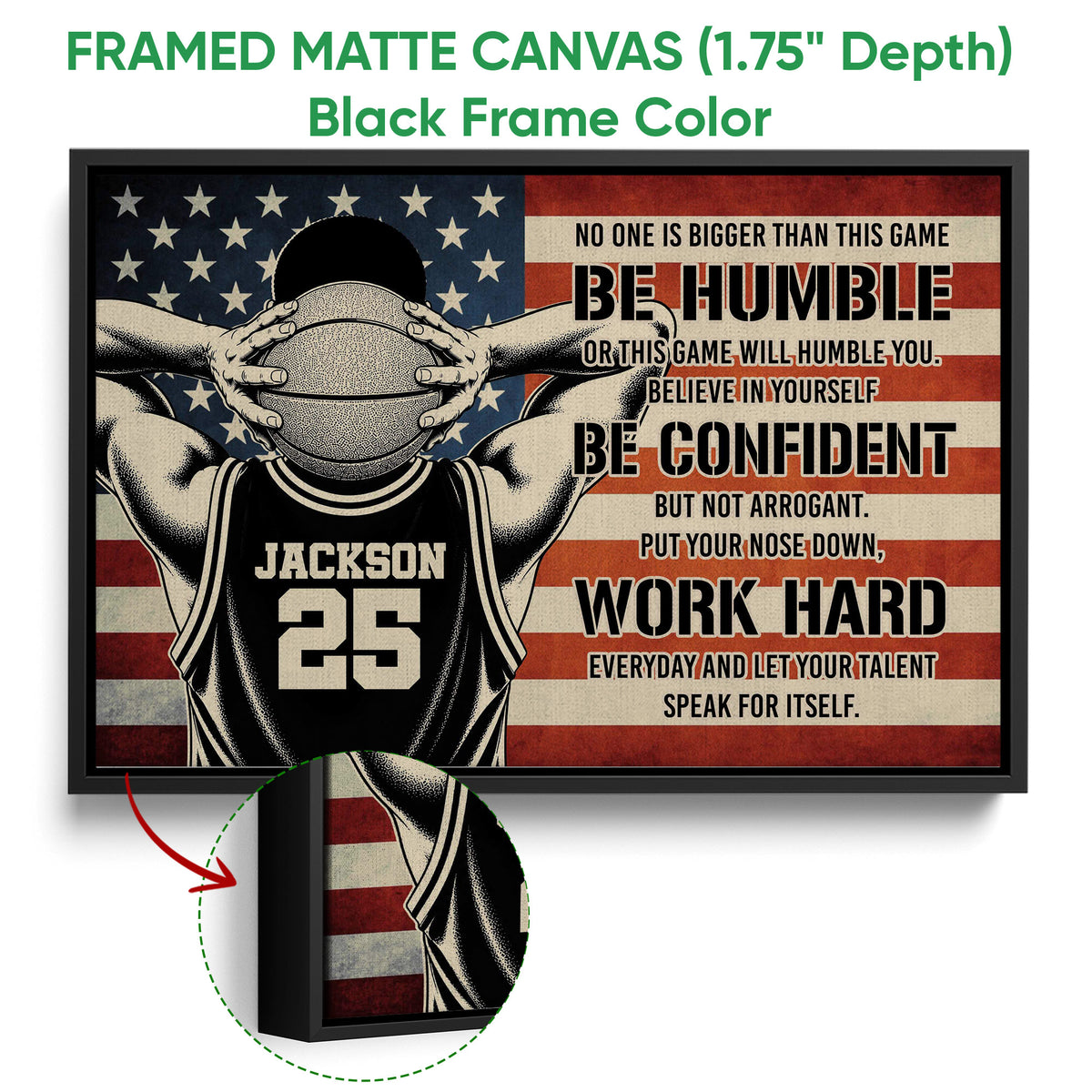 Framed matte canvas basketball wall art shown with a black frame and detailed artwork close-up