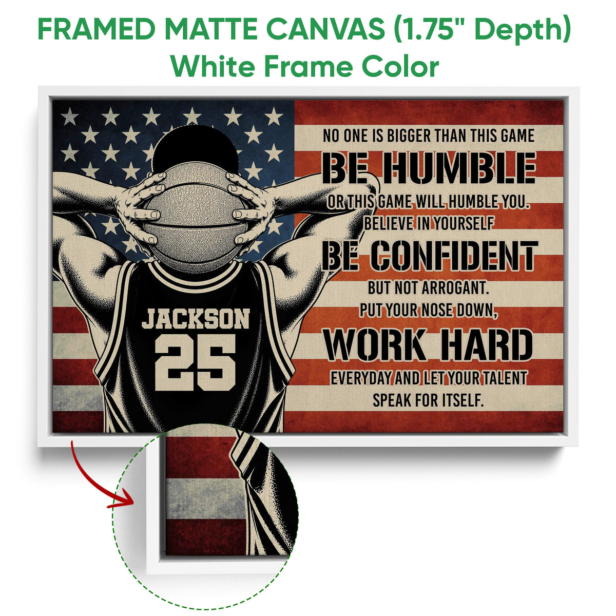 Framed basketball wall art shown with a white frame and close-up of the canvas edge