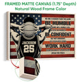 Framed basketball wall art shown with a natural wood frame and detailed edge close-up