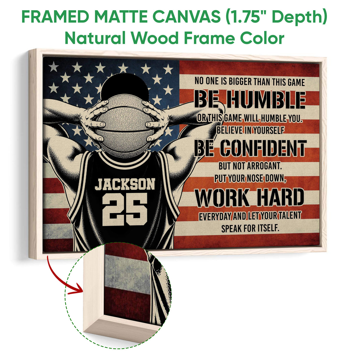 Framed basketball wall art shown with a natural wood frame and detailed edge close-up