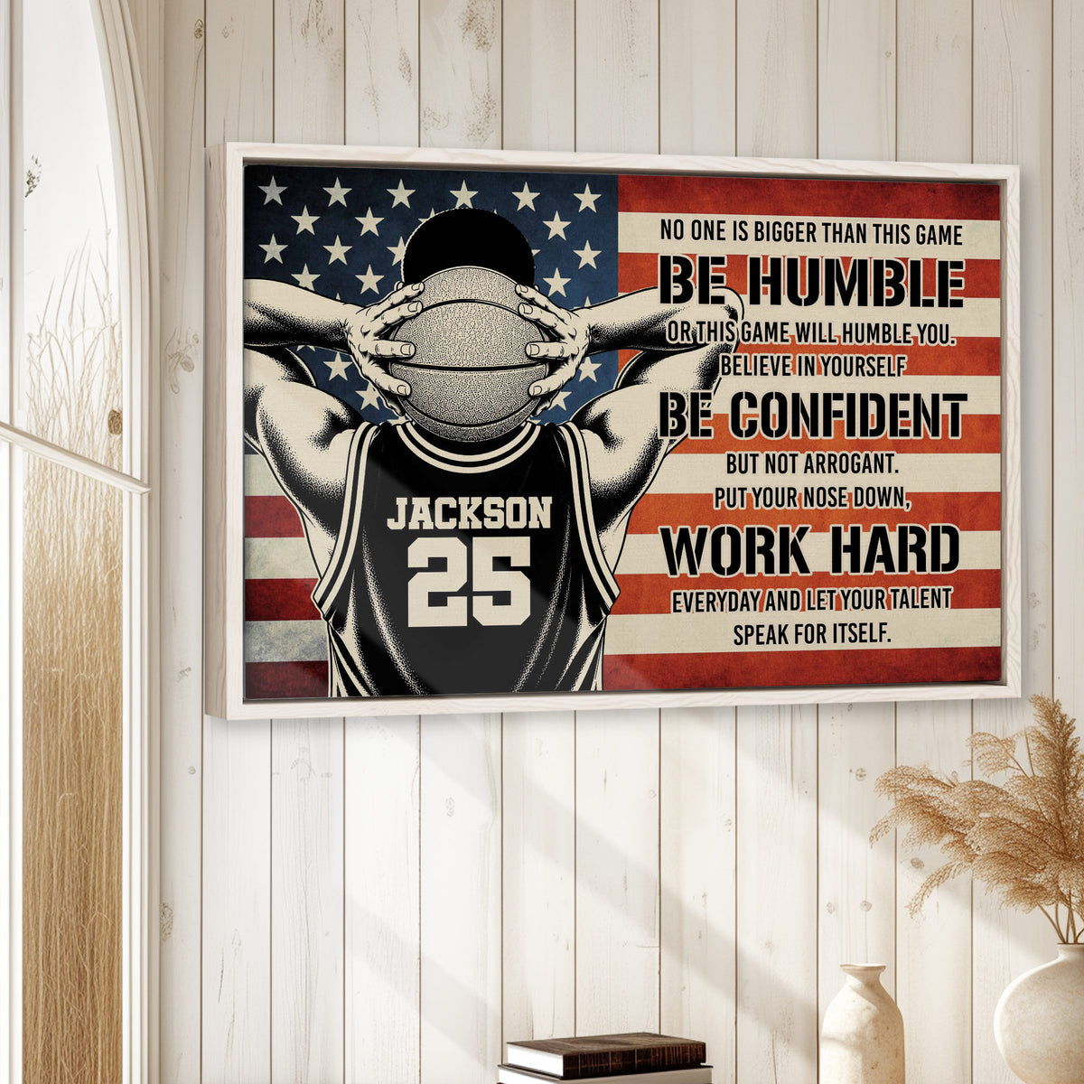 Framed basketball wall art displayed on a light wood-paneled wall in a bright home setting