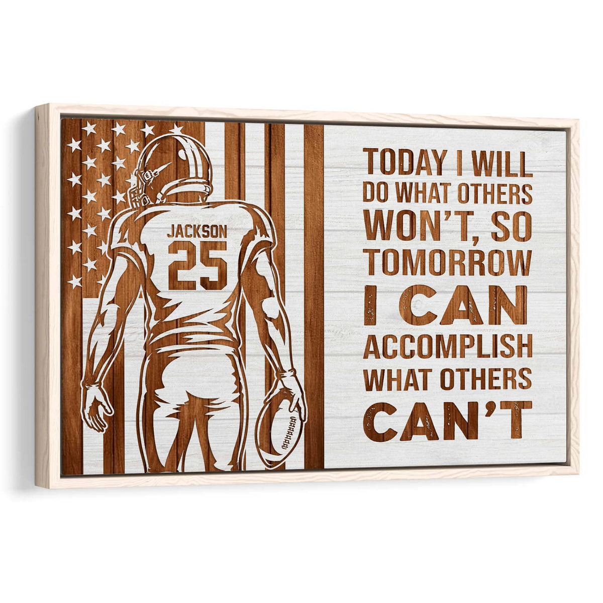 Framed football wall art with a player silhouette, football, stars, stripes, and motivational design