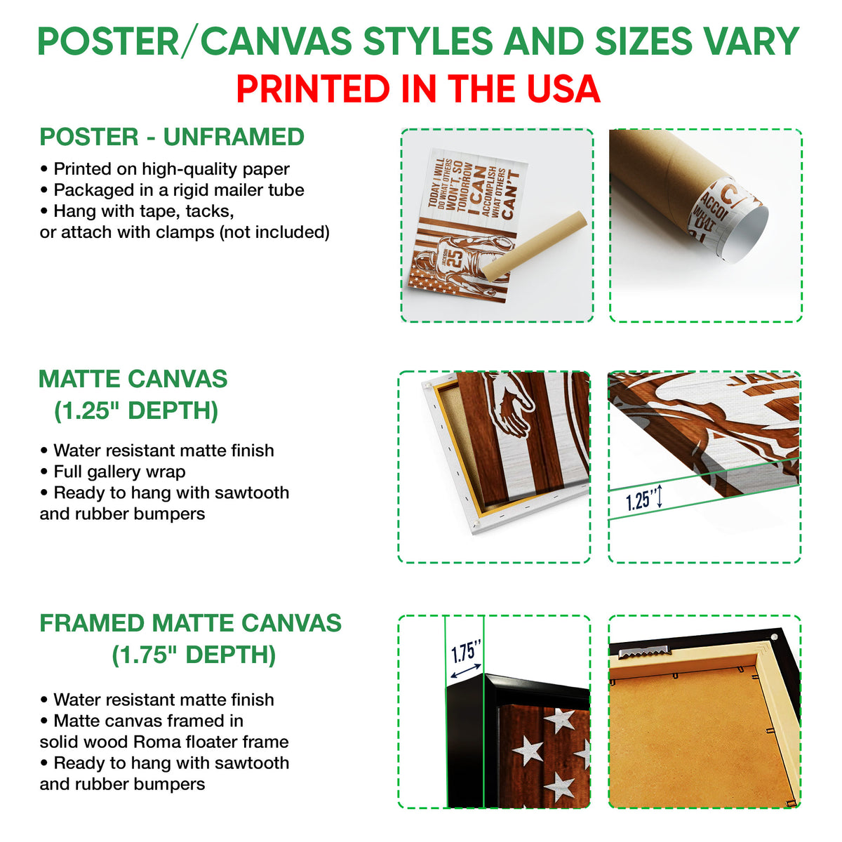 Poster and canvas wall art format guide showing unframed poster, matte canvas, and framed canvas options