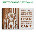 Matte canvas football wall art with a player silhouette, football, wood-look stripes, and bold typography