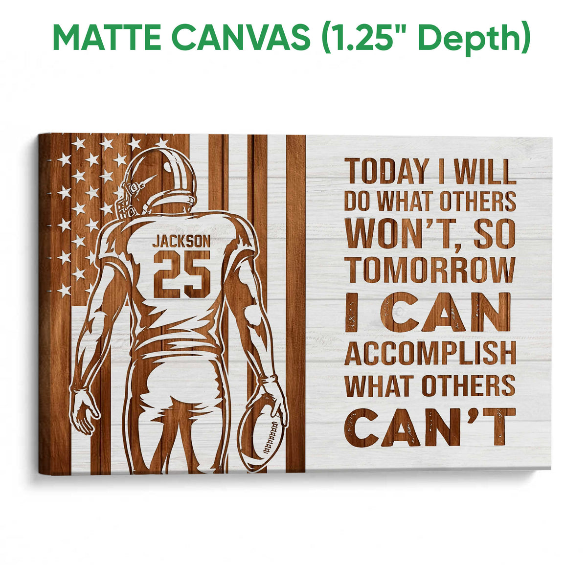 Matte canvas football wall art with a player silhouette, football, wood-look stripes, and bold typography