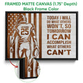 Black framed football canvas wall art with a player silhouette, football, stars, and rustic patriotic design