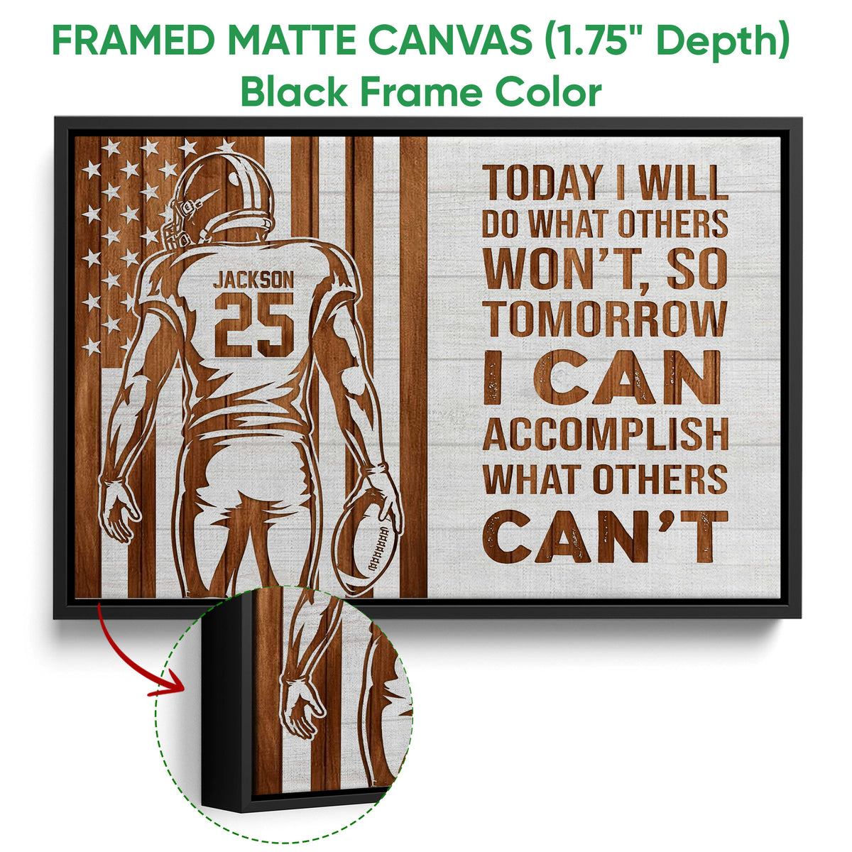 Black framed football canvas wall art with a player silhouette, football, stars, and rustic patriotic design