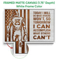 White framed football canvas wall art featuring a player silhouette, football, stars, and bold motivational lettering