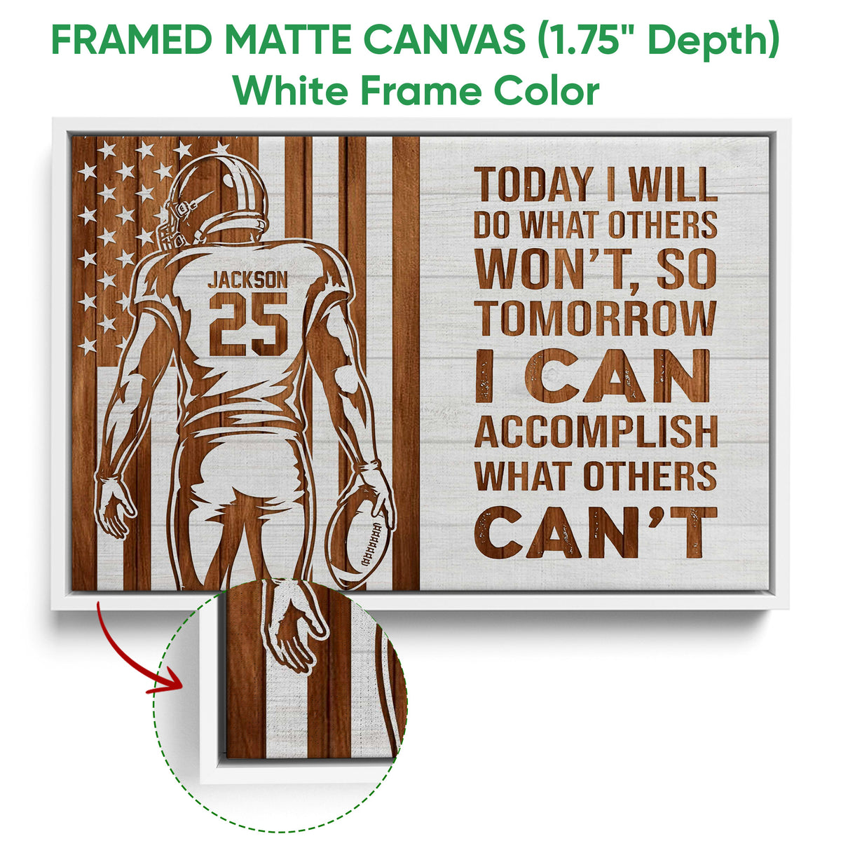 White framed football canvas wall art featuring a player silhouette, football, stars, and bold motivational lettering