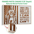 Natural wood framed football wall art with a player silhouette, football, stars, stripes, and rustic styling