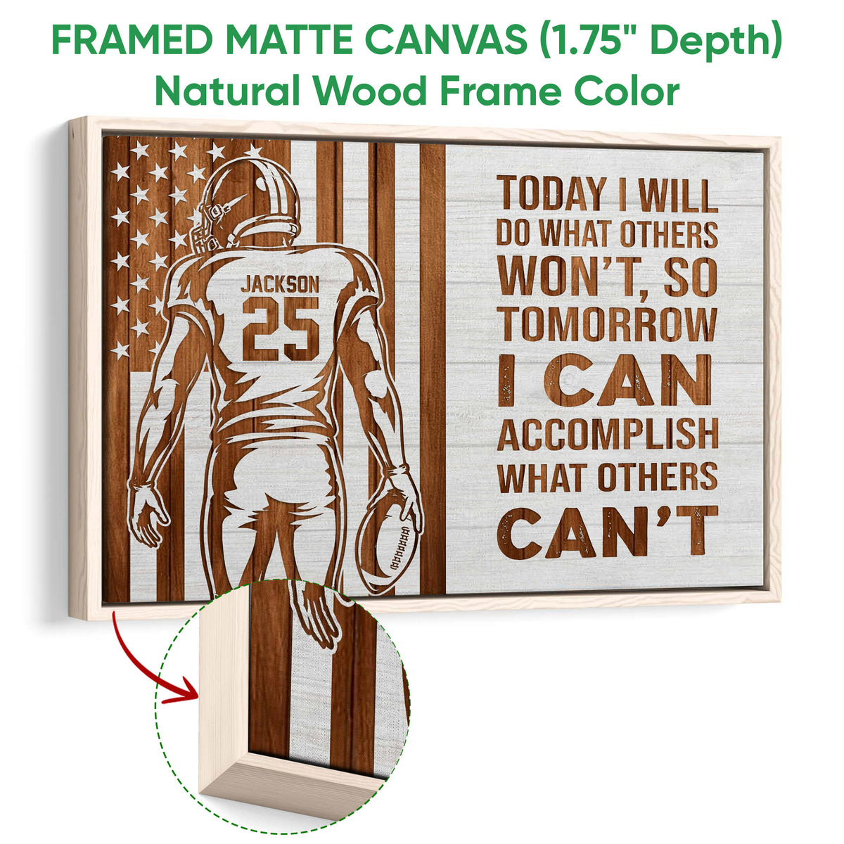 Natural wood framed football wall art with a player silhouette, football, stars, stripes, and rustic styling
