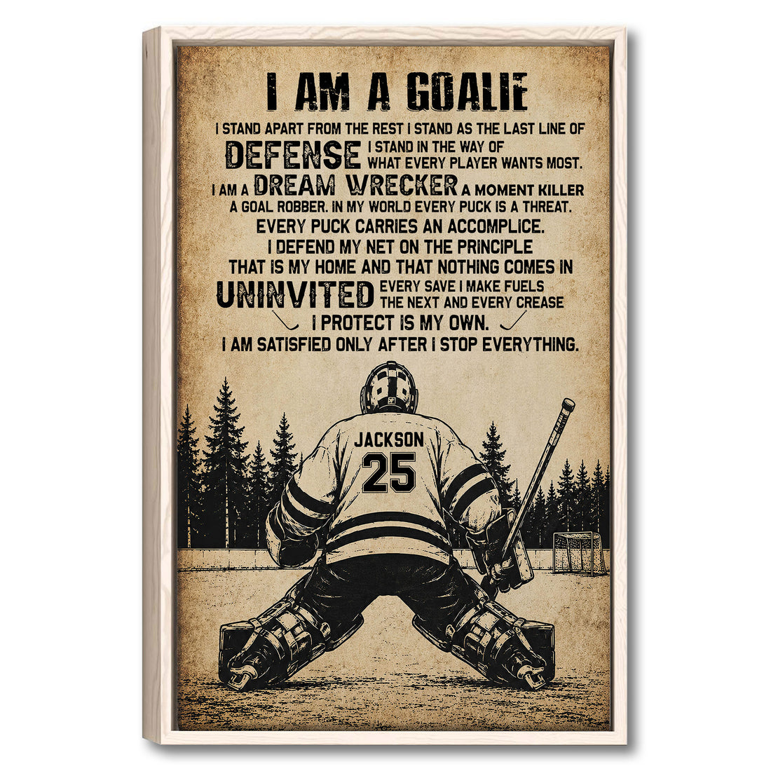Vintage hockey goalie wall art with distressed typography, rink scene, hockey stick and evergreen trees