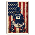 Framed baseball wall art showing a catcher kneeling against a distressed red, white, and blue flag backdrop