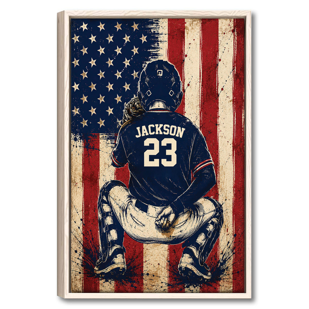 Framed baseball wall art showing a catcher kneeling against a distressed red, white, and blue flag backdrop
