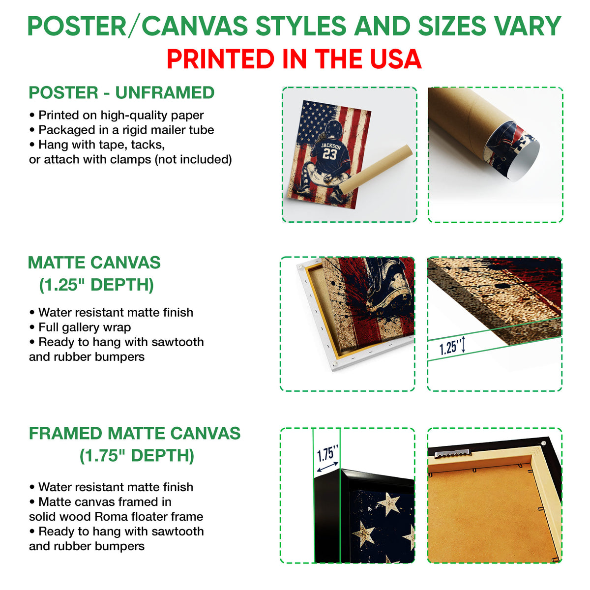 Poster, matte canvas, and framed canvas wall art format guide featuring the baseball catcher design