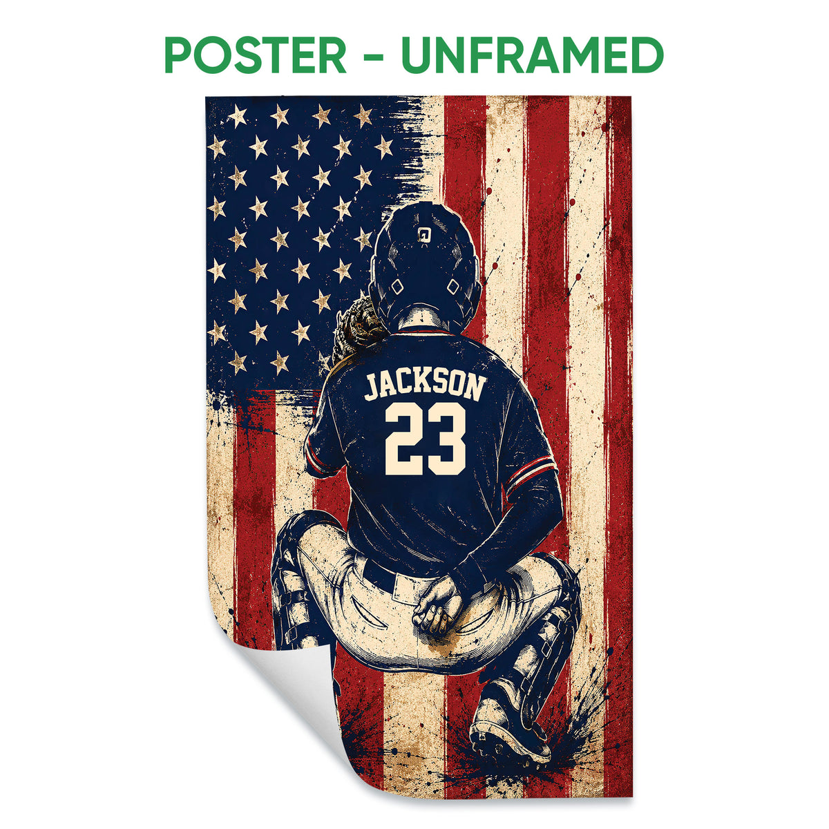 Unframed baseball poster print showing a catcher kneeling in front of a distressed red, white, and blue backdrop