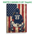 Matte canvas baseball wall art featuring a kneeling catcher and vintage-inspired red, white, and blue artwork