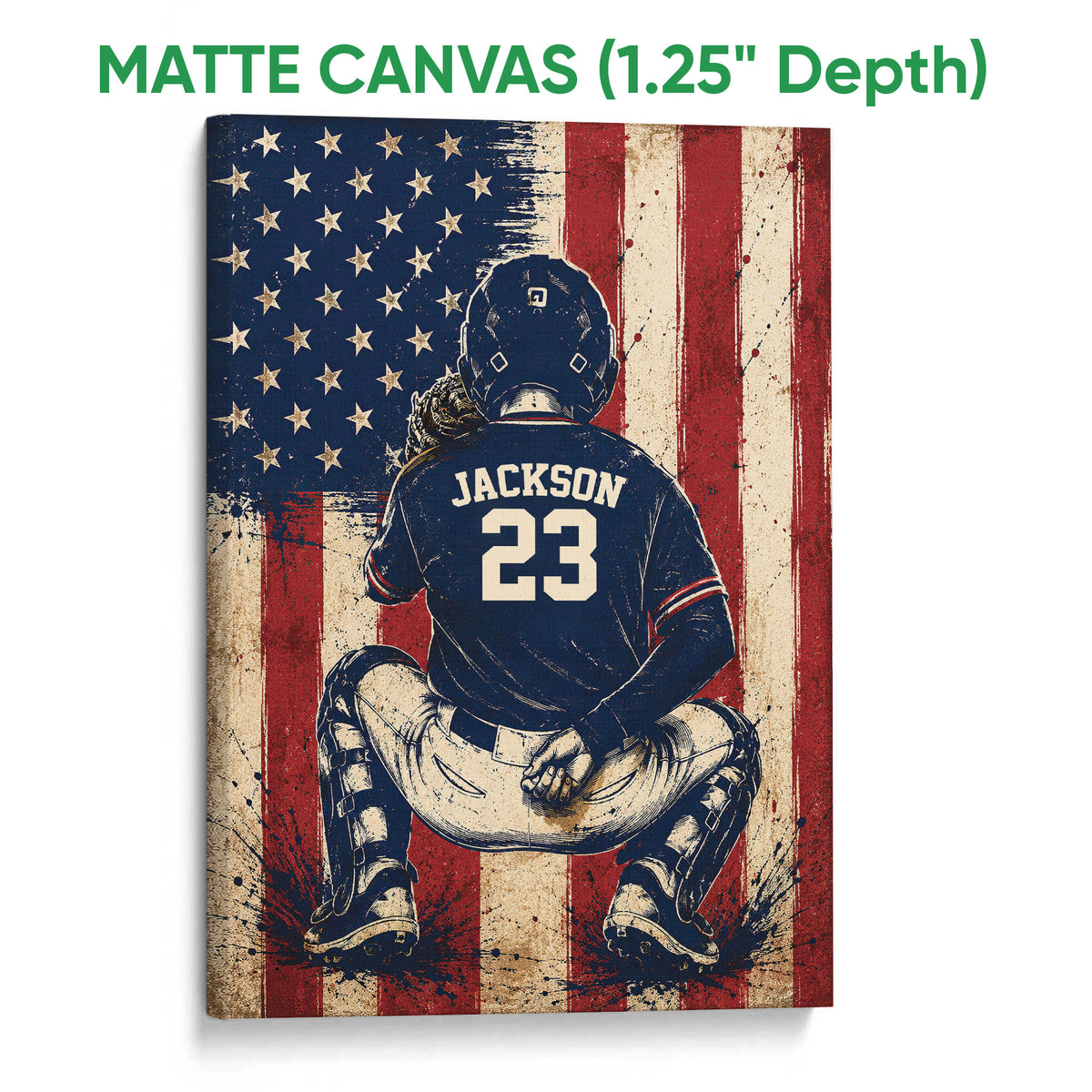 Matte canvas baseball wall art featuring a kneeling catcher and vintage-inspired red, white, and blue artwork