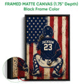 Black framed canvas baseball wall art with a kneeling catcher and distressed patriotic backdrop