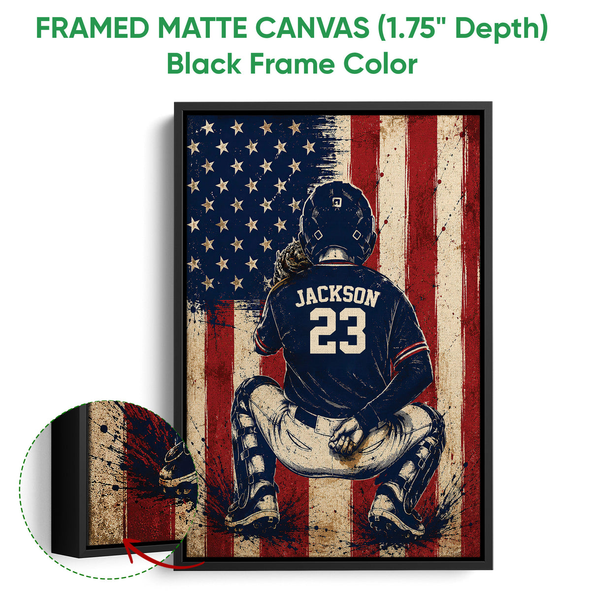 Black framed canvas baseball wall art with a kneeling catcher and distressed patriotic backdrop