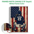 White framed canvas baseball wall art showing a catcher against a textured red, white, and blue background