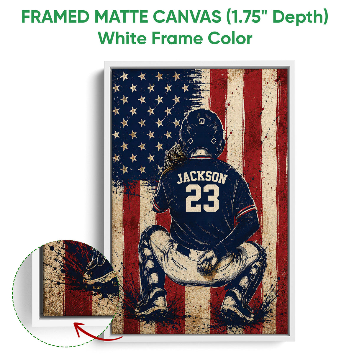 White framed canvas baseball wall art showing a catcher against a textured red, white, and blue background