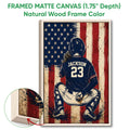 Natural wood framed baseball wall art featuring a kneeling catcher and vintage flag-inspired design