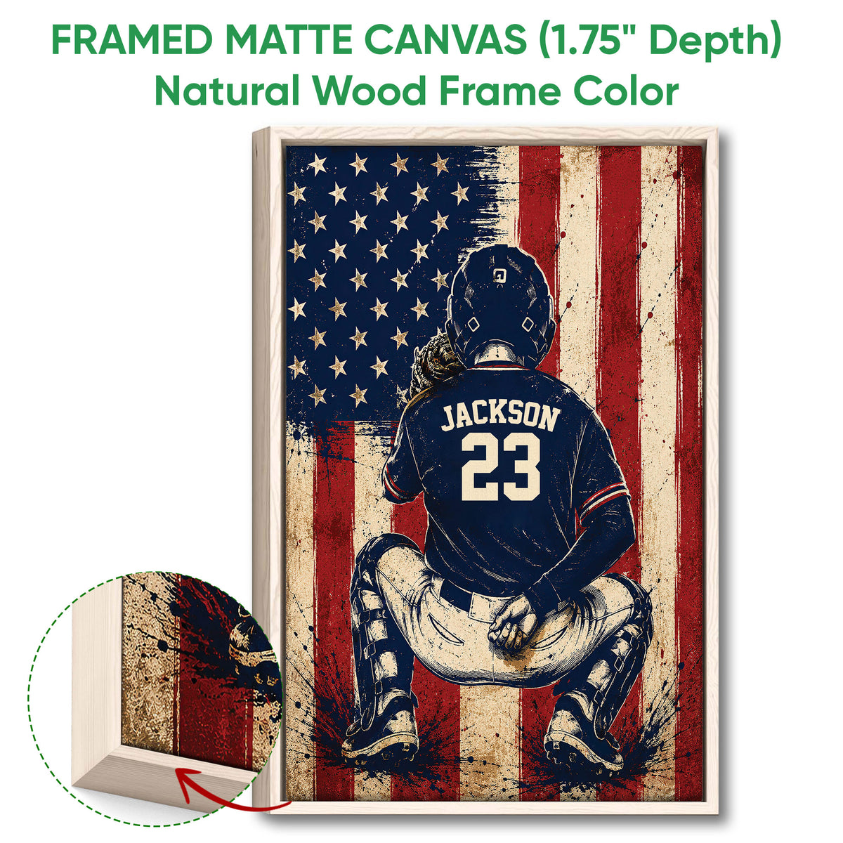 Natural wood framed baseball wall art featuring a kneeling catcher and vintage flag-inspired design