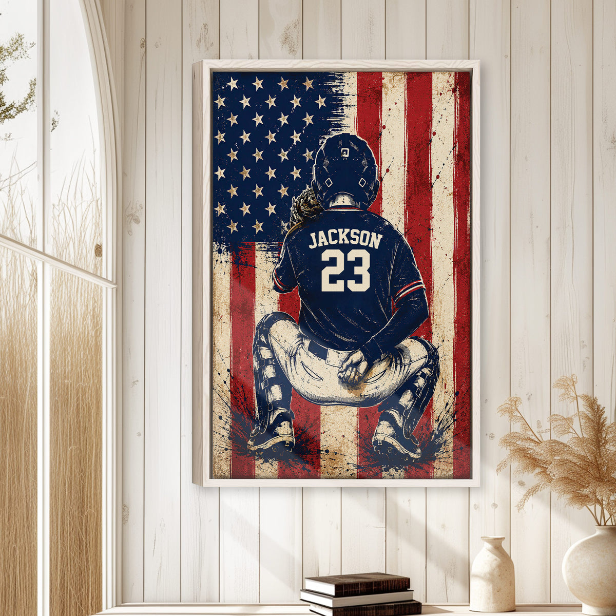 Baseball wall art displayed on a light wood-paneled wall in a bright home interior