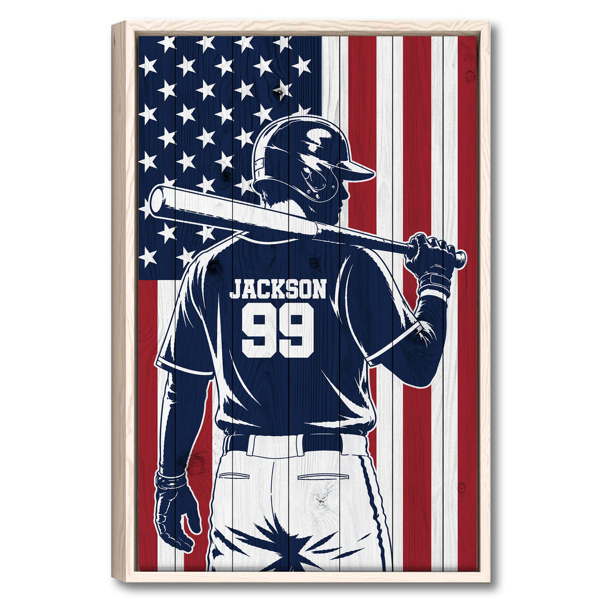 Framed baseball player wall art with a bold red, white, and navy patriotic background