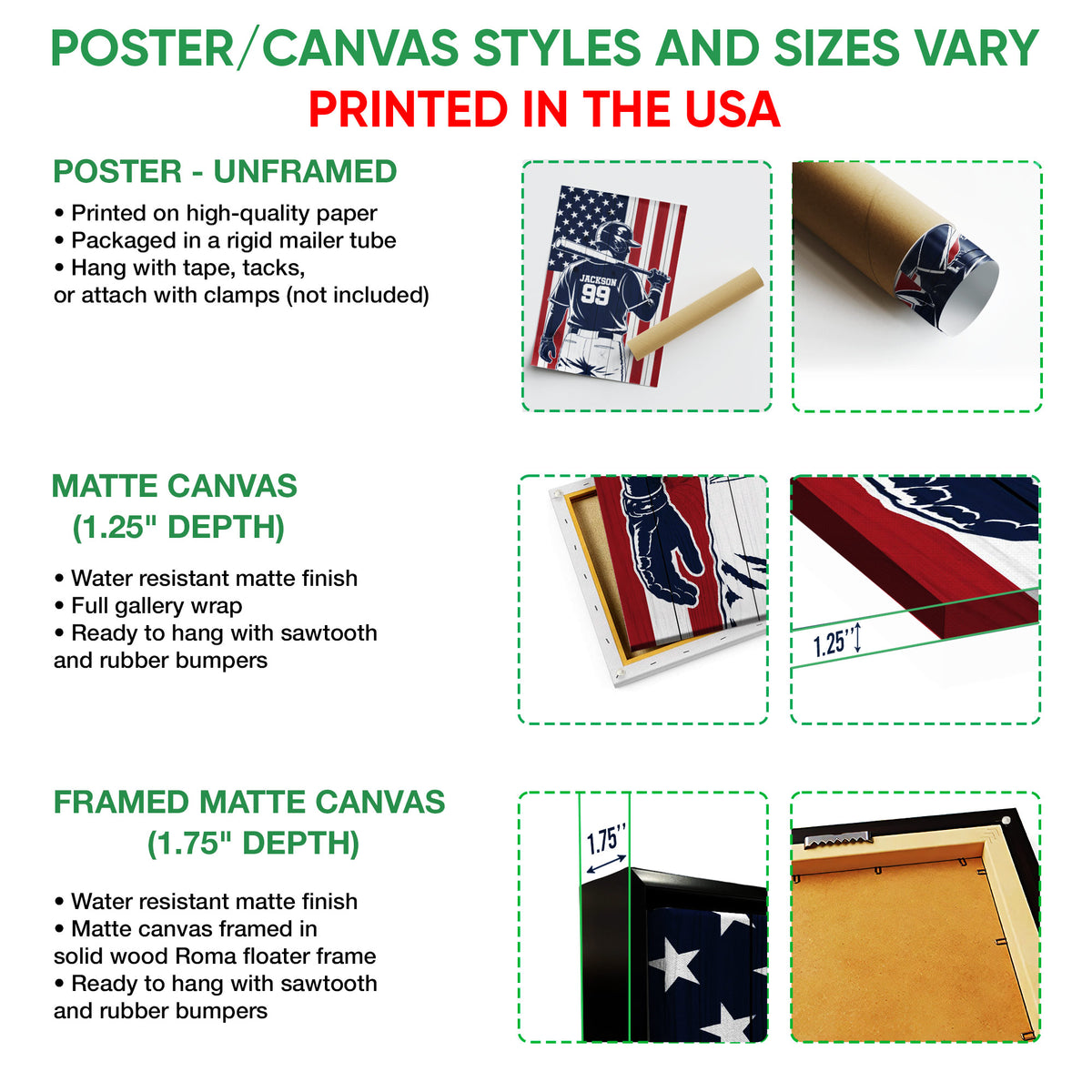 Baseball wall art format guide showing unframed poster, matte canvas, and framed canvas examples