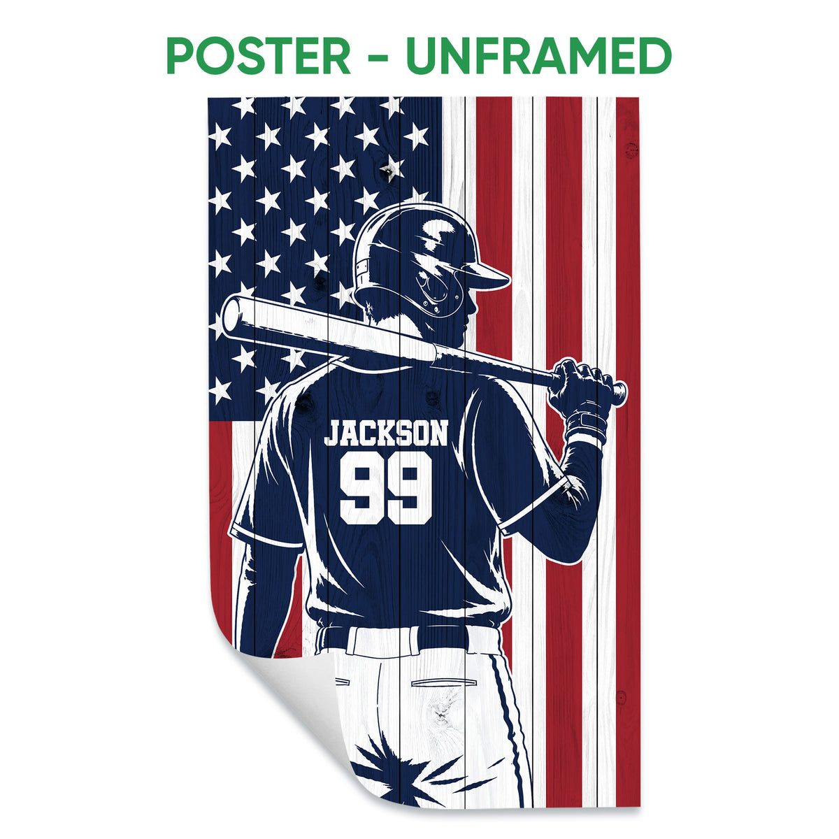 Unframed baseball poster featuring a batter against a red, white, and navy star-spangled background
