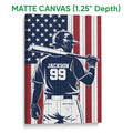 Matte canvas baseball wall art featuring a batter and patriotic red, white, and navy artwork