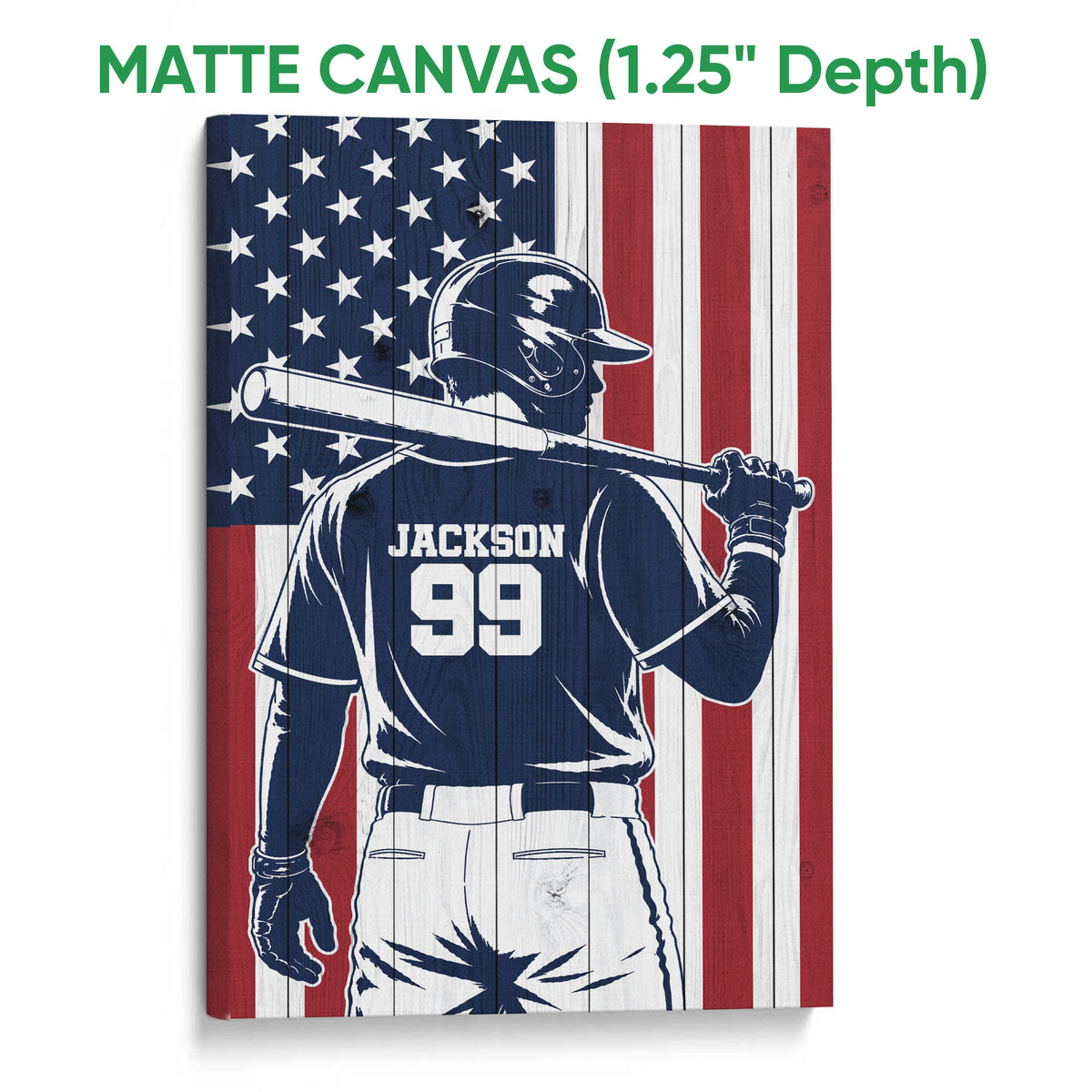 Matte canvas baseball wall art featuring a batter and patriotic red, white, and navy artwork