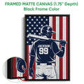Framed matte canvas baseball artwork shown with a black frame and close-up edge detail