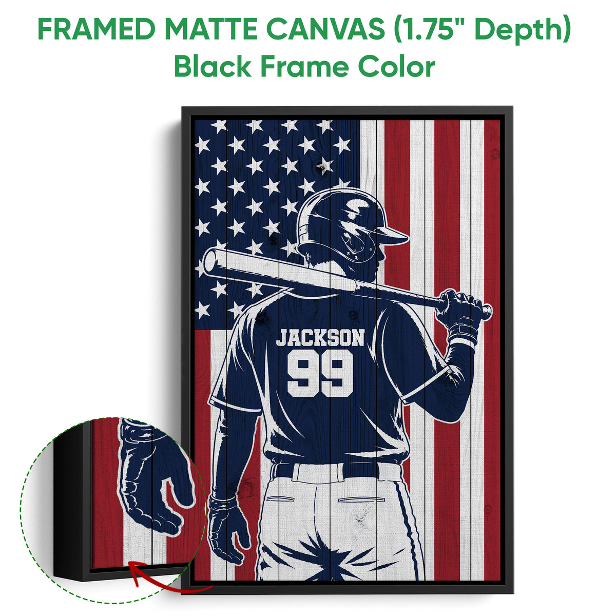 Framed matte canvas baseball artwork shown with a black frame and close-up edge detail